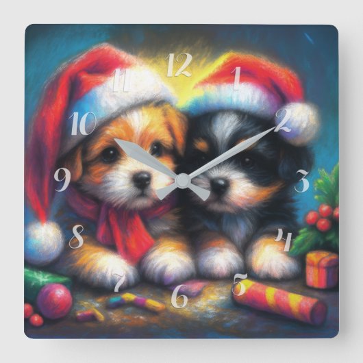Chalk Zeichne zwei Niedliche Welpen in Weihnachtsm Quadratische Wanduhr (Vorderseite)