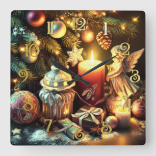 Chalk Zeichnend Weihnachtsbaum Candle Angel Quadratische Wanduhr
