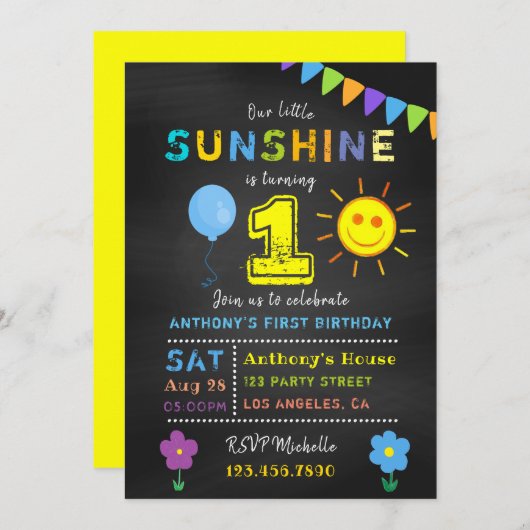 Chalkboard 1. Geburtstag Little Sunshine Boy Party Einladung (Vorne/Hinten)