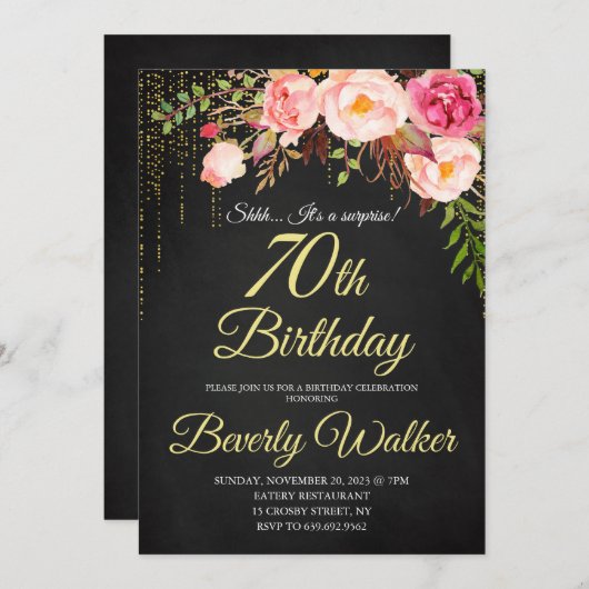 Chalkboard 70. Überraschung Blumenfrauen Geburtsta Einladung (Vorne/Hinten)