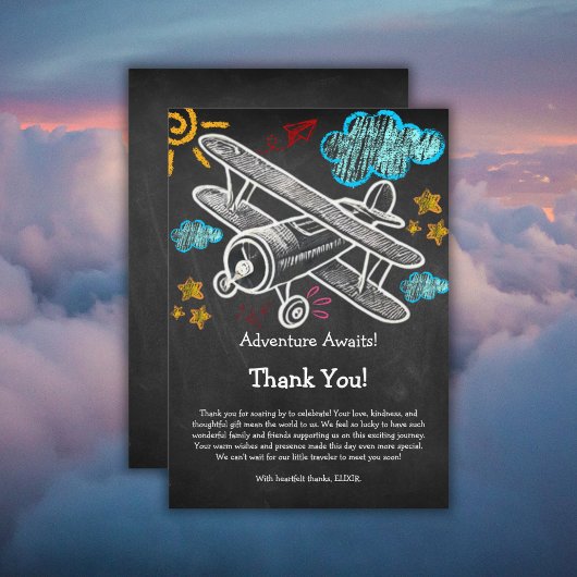 Chalkboard Adventure erwartet Airplane Baby Shower Dankeskarte
