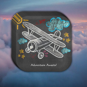 Chalkboard Adventure erwartet Airplane Baby Shower Pappteller