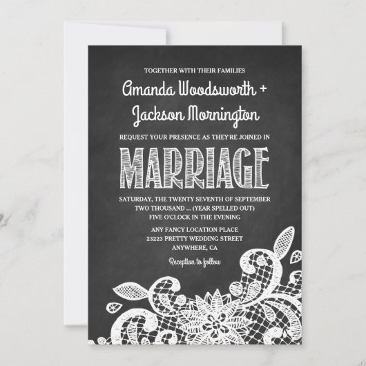 Chalkboard and Lace Rustic Wedding Einladung (Vorderseite)