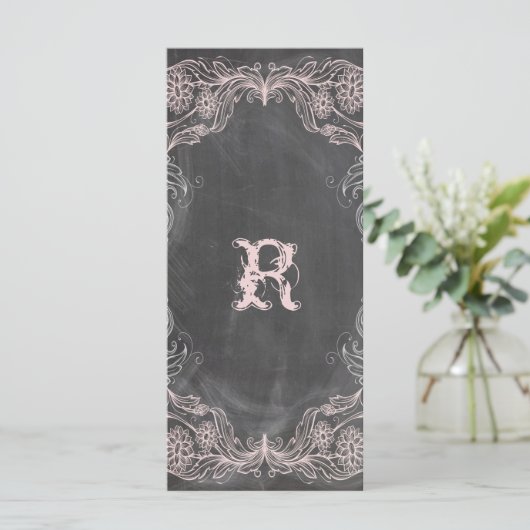 Chalkboard Antike rosa Flora Programm Rackkarte (Stehend Vorderseite)