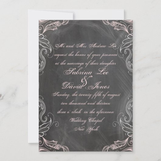 Chalkboard Antique Pink Floral Wedding Einladung (Vorderseite)