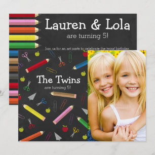 Chalkboard Apple Pencil Crayons Birthday Twins Einladung