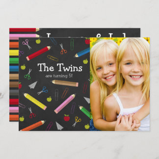 Chalkboard Apple Pencil Crayons Birthday Twins Einladung