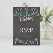 Chalkboard Aquamarin Beach Wedding Matching UAWG A RSVP Karte (Stehend Vorderseite)