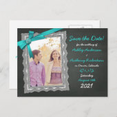 Chalkboard Aquamarin Bow Foto Hochzeit Speichern S Ankündigungspostkarte (Vorne/Hinten)