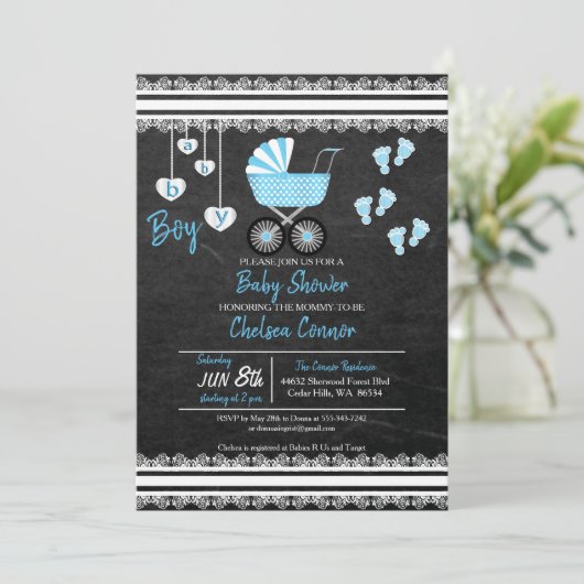 Chalkboard Baby Boy 👶 Duschdesign Einladung (Stehend Vorderseite)