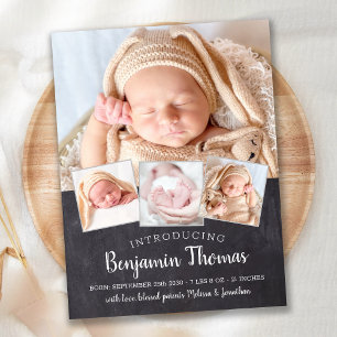 Chalkboard Baby Personalisiert 4 Foto Collage Birt Ankündigungspostkarte