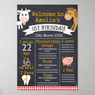 Chalkboard Barnyard Meilensteine 1. Geburtstagspos Poster
