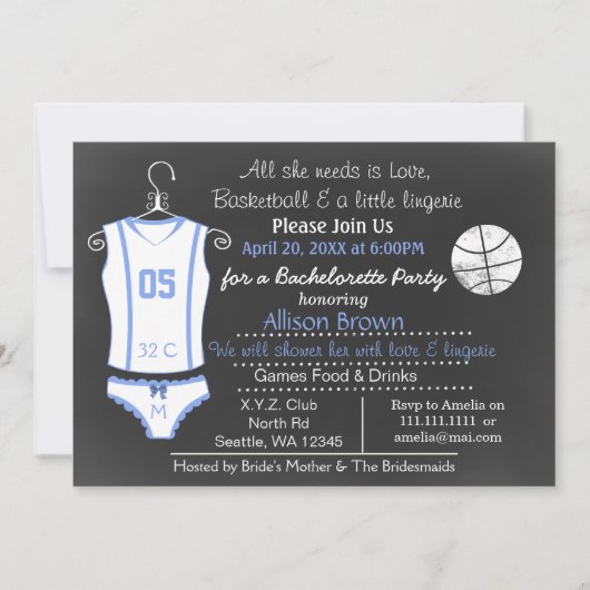 Chalkboard Basketball Lingerie Dusche Bachelorette Einladung (Vorderseite)