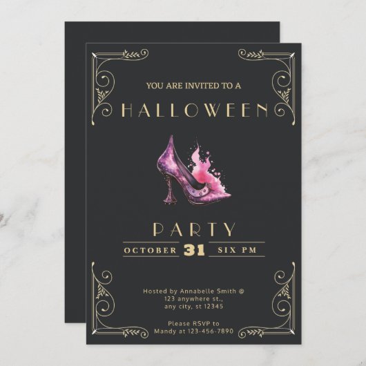 Chalkboard Black and Gold Hexe Stiletto Halloween Einladung (Vorne/Hinten)