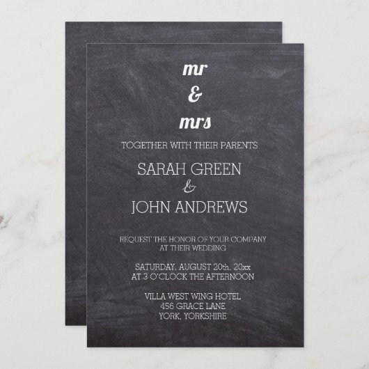 Chalkboard Black and White Mr & Mrs Wedding Einladung (Vorne/Hinten)