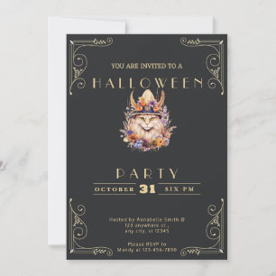 Chalkboard Black & Gold Boho Cat Halloween Einladung