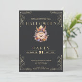 Chalkboard Black & Gold Boho Cat Halloween Einladung (Stehend Vorderseite)