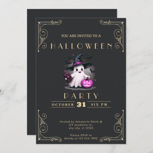 Chalkboard Black & Gold Ghost-Assistent Einladung (Vorne/Hinten)