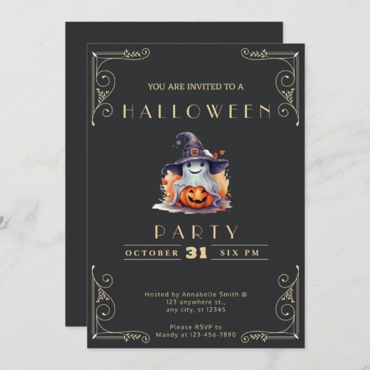 Chalkboard Black & Gold Ghost Hexenhut Halloween Einladung (Vorne/Hinten)