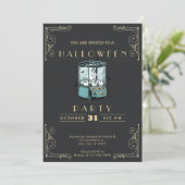 Chalkboard Black & Gold Grab ein Ghost Halloween Einladung (Stehend Vorderseite)