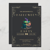 Chalkboard Black & Gold Hexen Cauldron Halloween Einladung (Vorne/Hinten)