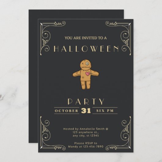 Chalkboard Black & Gold Voodoo Doll Halloween Einladung (Vorne/Hinten)