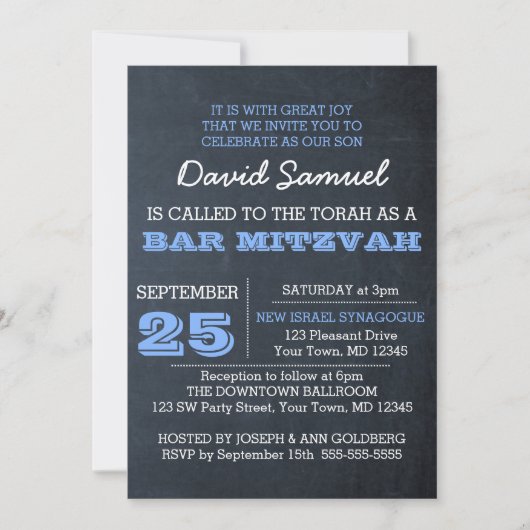 Chalkboard Blue Bar Mitzvah Einladung (Vorderseite)