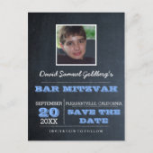 Chalkboard Blue Bar Mitzvah Foto Save the Date Ankündigungspostkarte (Vorderseite)
