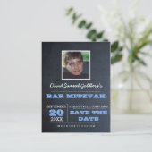 Chalkboard Blue Bar Mitzvah Foto Save the Date Ankündigungspostkarte (Stehend Vorderseite)