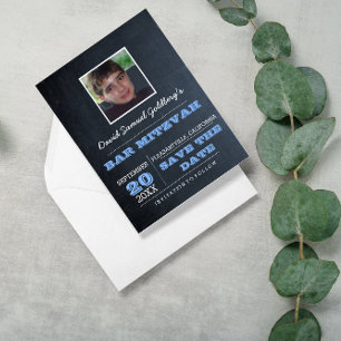 Chalkboard Blue Bar Mitzvah Foto Save the Date Ankündigungspostkarte