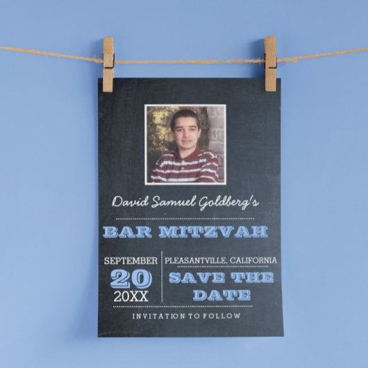 Chalkboard Blue Bar Mitzvah Foto Save the Date Ankündigungspostkarte
