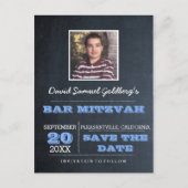 Chalkboard Blue Bar Mitzvah Foto Save the Date Ankündigungspostkarte (Vorderseite)