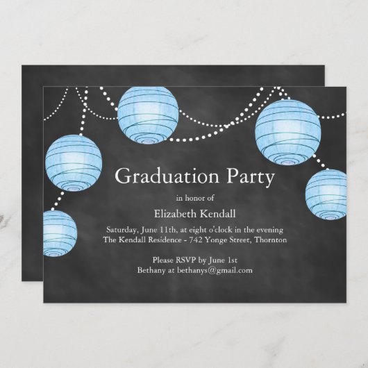Chalkboard & Blue Lanterns Abschluss Einladung (Vorne/Hinten)