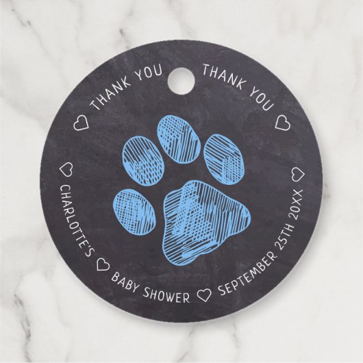 Chalkboard Blue Paw Print Baby Dusche Vielen Dank Geschenkanhänger (Rückseite)