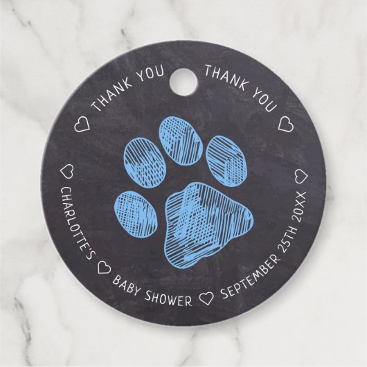 Chalkboard Blue Paw Print Baby Dusche Vielen Dank Geschenkanhänger (Vorderseite)