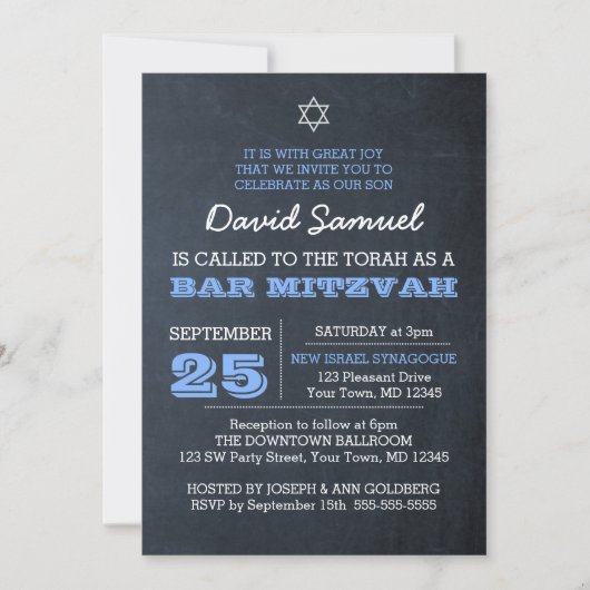 Chalkboard Blue Silver Star von David Bar Mitzvah Einladung (Vorderseite)