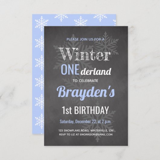 Chalkboard Blue Winter Onederland 1. Geburtstag Einladung (Vorne/Hinten)