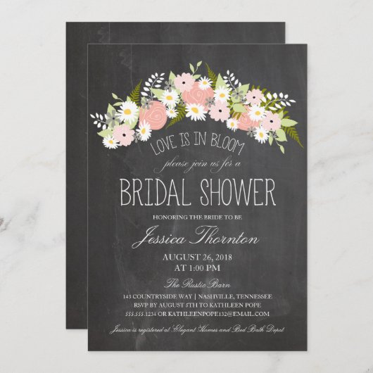 Chalkboard-Blume im Bloom-Brautparty Einladung (Vorne/Hinten)