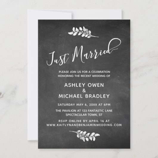 Chalkboard & Botanical Just Married Empfang Einladung (Vorderseite)