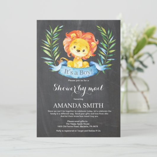 Chalkboard Boy Lion Baby Shower by Mail Einladung (Stehend Vorderseite)