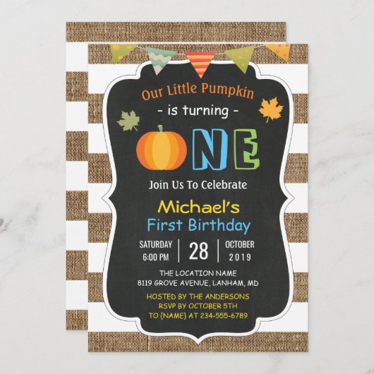 Chalkboard Burlap Niedlich Pumpkin Baby Erstgeburt Einladung (Vorne/Hinten)