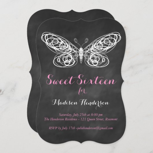 Chalkboard Butterfly 16 . Geburtstag Einladung (Vorne/Hinten)
