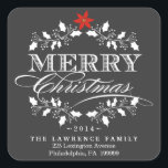 Chalkboard Christmas Holly Wreath Address Stickers<br><div class="desc">Square Envelope Sealing Labels mit Rücksendeadresse für Weihnachtskarten - Eleganter Vintager Chalkboard Stil Frohe Weihnachtsfeiertage für Grußkarten und saisonale Party Einladungen. Extravagantes, weißes, heiliges Kreidedesign mit Retro-Letterpress-Stil dekorative Typografie. Fügen Sie Ihren Familiennamen oder personalisierten Nachrichtentext hinzu. Moderne, klassische, moderne und stilvolle Art und Weise, um angesagte, fröhliche Winterurlaub Grüße an...</div>