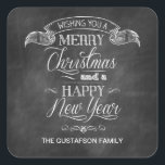 Chalkboard Christmas Wish Quadratischer Aufkleber<br><div class="desc">Auf diesem einzigartigen Weihnachts- und Neujahrsaufkleber im Chalkboard-Stil werden Weihnachten und Feiertage-Grüße angezeigt. Typografie, die wie Kreide auf einer Tafel aussehen soll, wird unter einem Banner angeordnet, um Ihr Bestes zu senden. Passen Sie Ihren eigenen Namen oder Ihre Nachricht unten an. Toll als Geschenk-Tag oder ein Gefallen. Verfügbar mit passenden...</div>