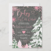 Chalkboard Cold Baby Duschwald Pink Schneeflocken Einladung (Vorderseite)