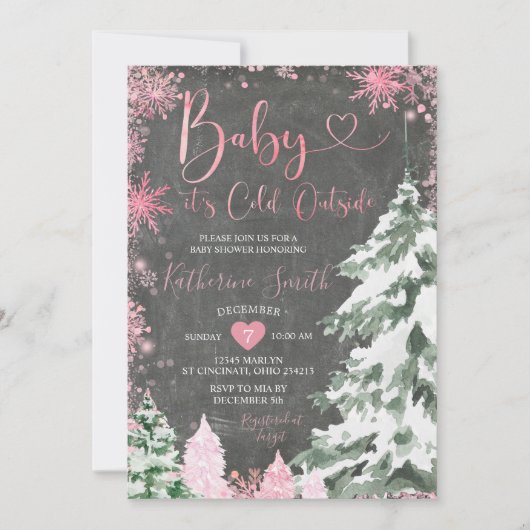 Chalkboard Cold Baby Duschwald Pink Schneeflocken Einladung (Vorderseite)