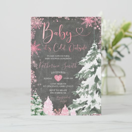 Chalkboard Cold Baby Duschwald Pink Schneeflocken Einladung (Stehend Vorderseite)