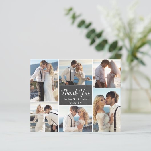 Chalkboard Collage Wedding Danke Karte (Stehend Vorderseite)