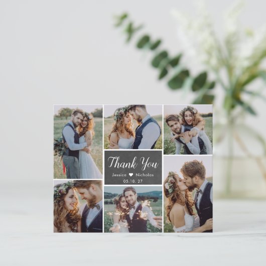 Chalkboard Collage Wedding Danke Karte (Stehend Vorderseite)