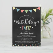 Chalkboard Colorful Bunting Flags Kindergeburtstag Einladung (Stehend Vorderseite)